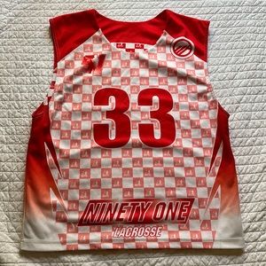 NWOT- TEAM  91 LACROSSE - reversible jersey/pinny. #33. Adult S/M. Red/white